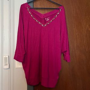 Lane Bryant dolman sleeve embellished neckline fuschia / berry pink top